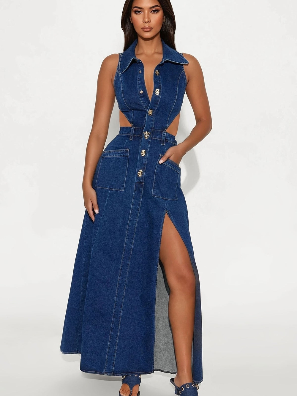 Fashion Nova AMELIA Split Cutouts Dark Blue Denim Jean Maxi Dress SZLG